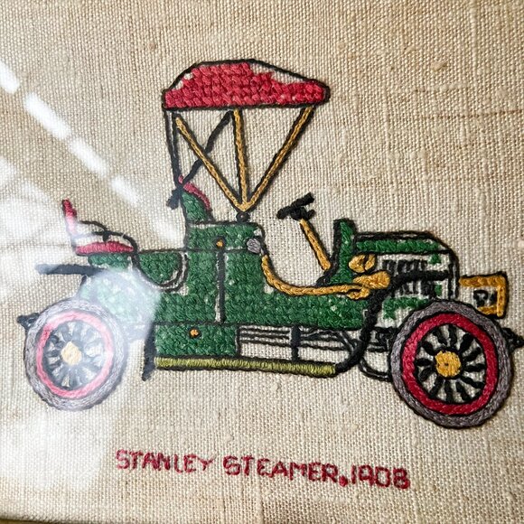 Vintage Hand-Stitched Needlepoint Car Stanley Steamer 1908 Framed - Picture 3 of 3
